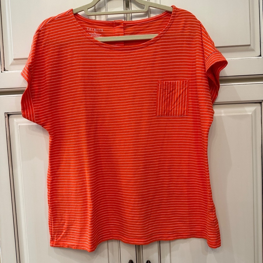Talbots Orange & White Striped Short Sleeve Top